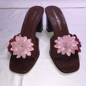 Adrienne Vittadini “Canile” Brown Leather Slides w/Flowers & 3” Heel